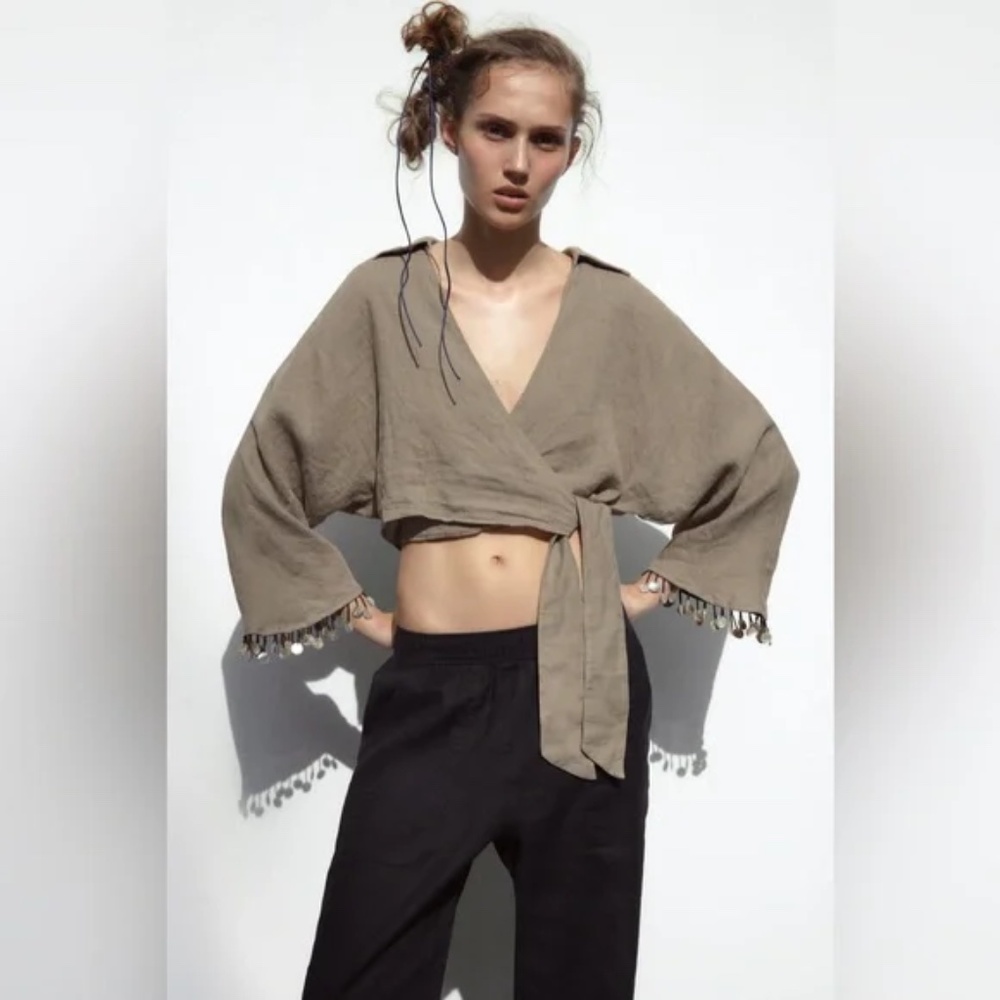 NWT - Zara linen beaded cropped wrap top -
